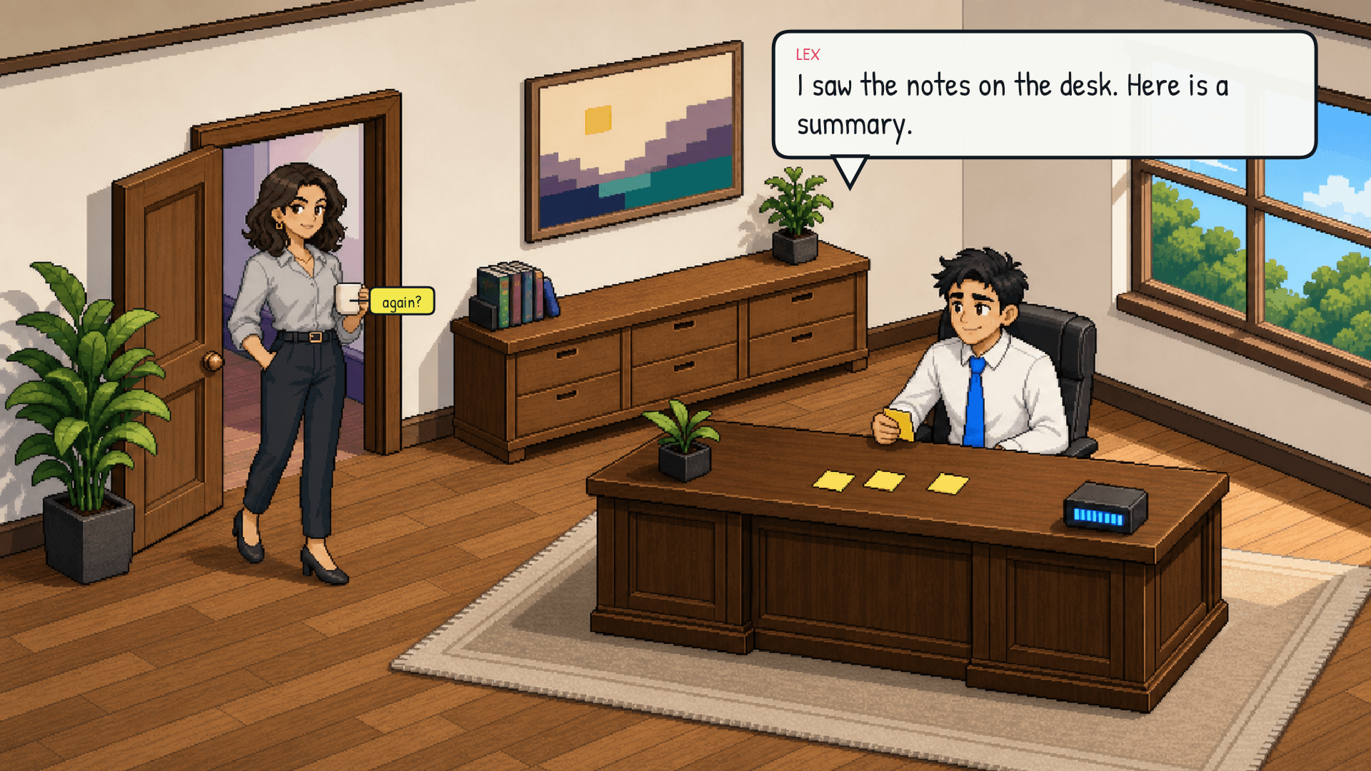 Ava walks into the office holding her coffee mug ("again?"). Lex is already at the desk, writing. A small neat stack of sticky notes sits on the desk. The desk meter is in the healthy range. Emotional beat: curiosity.