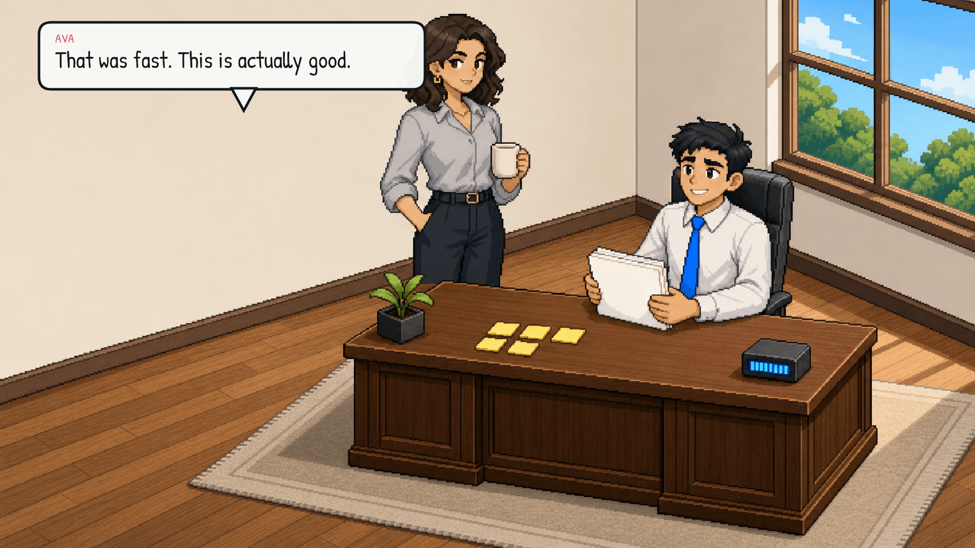 Lex slides a clean summary across the desk toward Ava. Ava looks impressed. The summary is concise and accurate. Emotional beat: pleasant surprise.