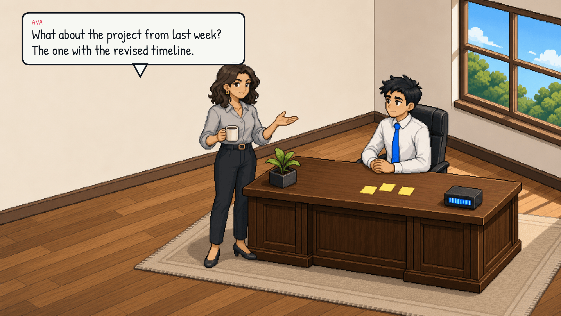 Ava sits down, coffee mug in hand. She leans forward with a follow-up question. Emotional beat: casual, conversational.