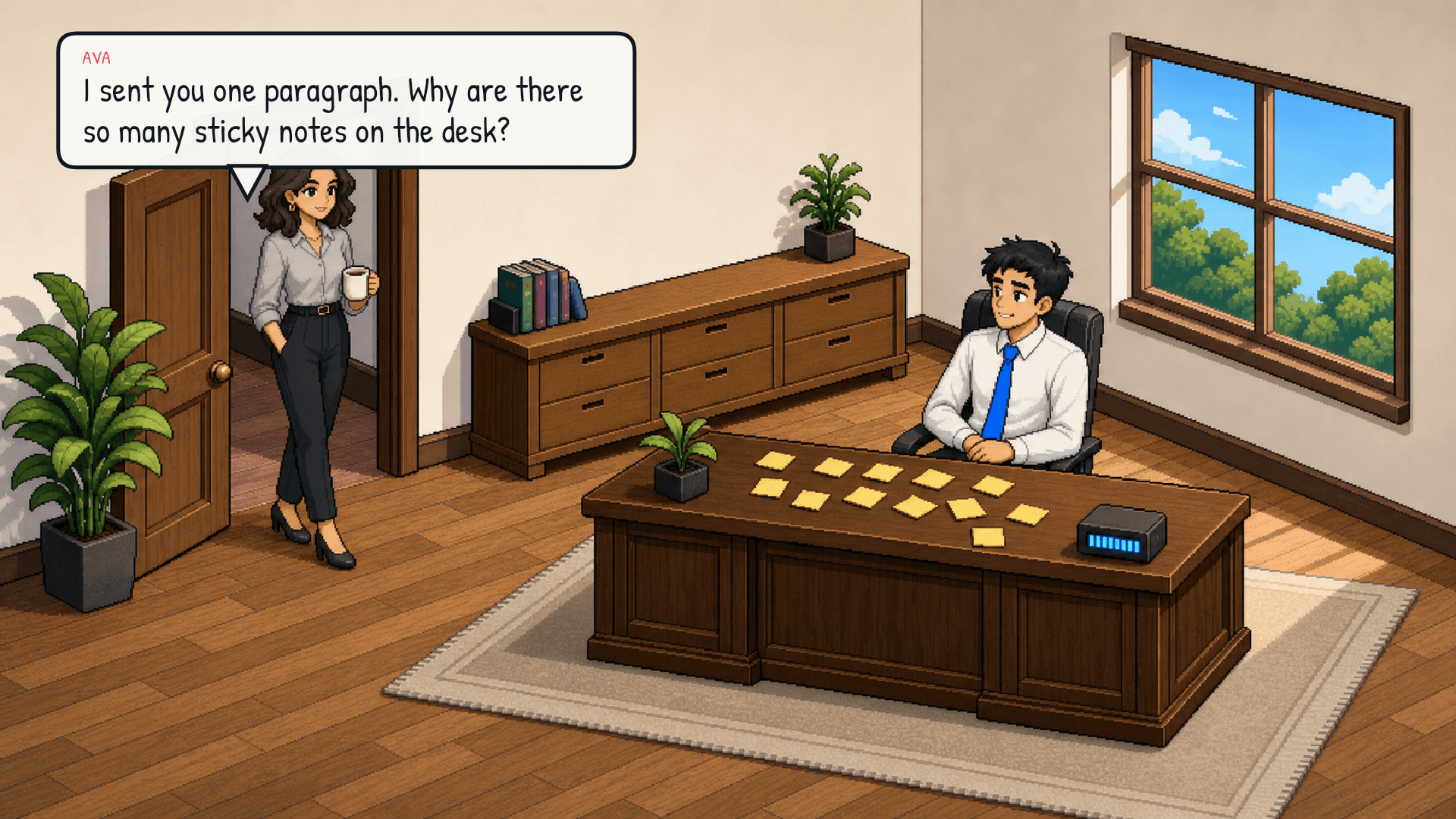 Ava walks in and sees the desk covered in colorful sticky notes spread out in rows. The desk meter is healthy. Lex is processing them in order. Emotional beat: curiosity.