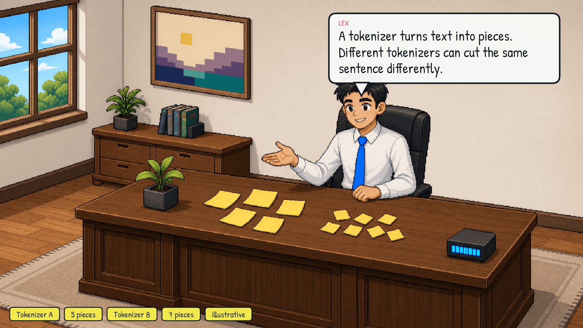 Close-up of the same short sentence shown in two rows. A card labeled "Tokenizer A" divides it into five colored groups. A card labeled "Tokenizer B" divides it into seven. A small label reads "illustrative boundaries." Emotional beat: discovery.