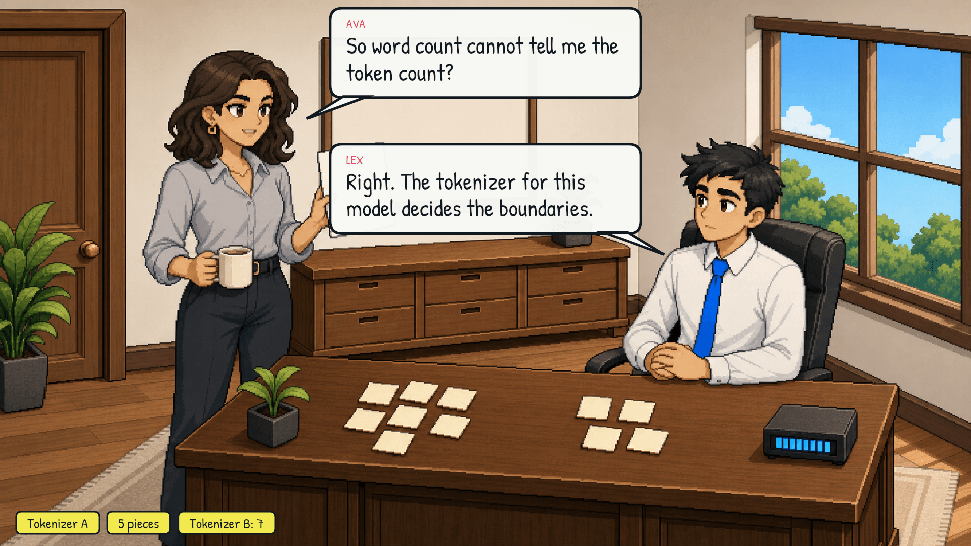 Ava holds two count cards side by side: "Tokenizer A: 5" and "Tokenizer B: 7." The original sentence above them is identical. Emotional beat: understanding dawning.