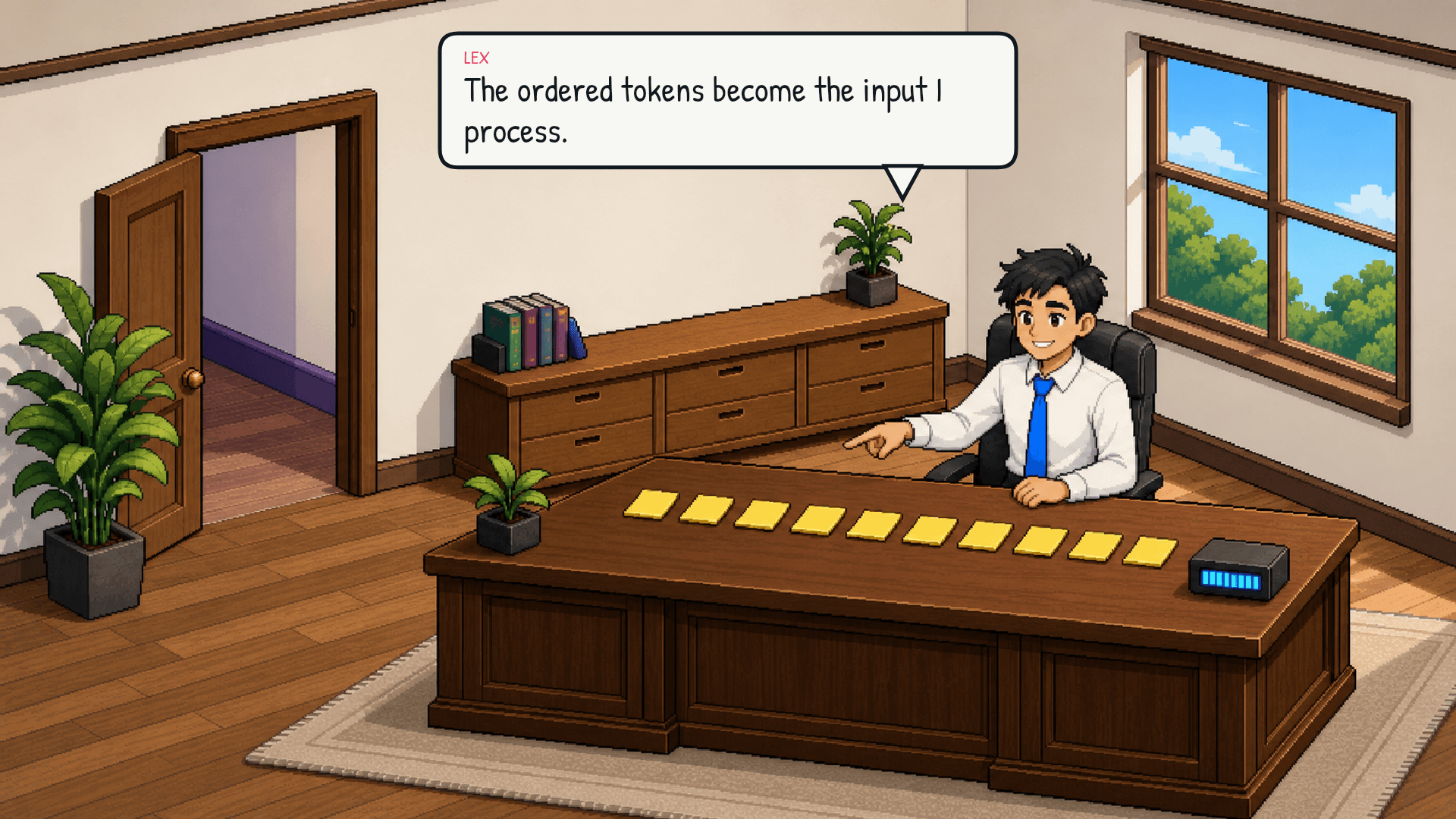 Lex arranges the notes into a neat reading order on the desk. He reads them left to right, top to bottom. The desk has a moderate spread of notes but is not crowded. Emotional beat: things clicking into place.