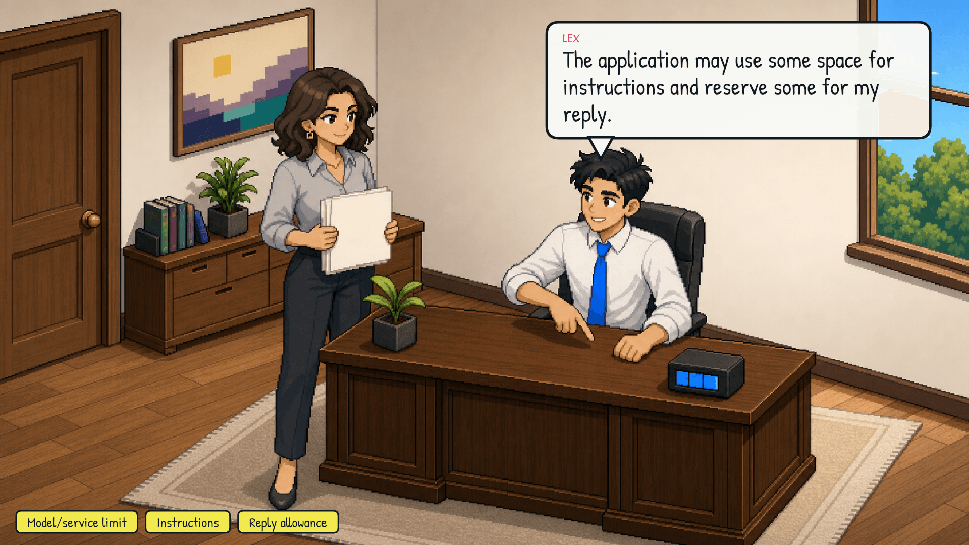 Lex points to the desk meter on the side of the desk. The meter shows a capacity bar that is about half full. Smaller markers show space already used by instructions and space reserved for a reply. Emotional beat: discovery.