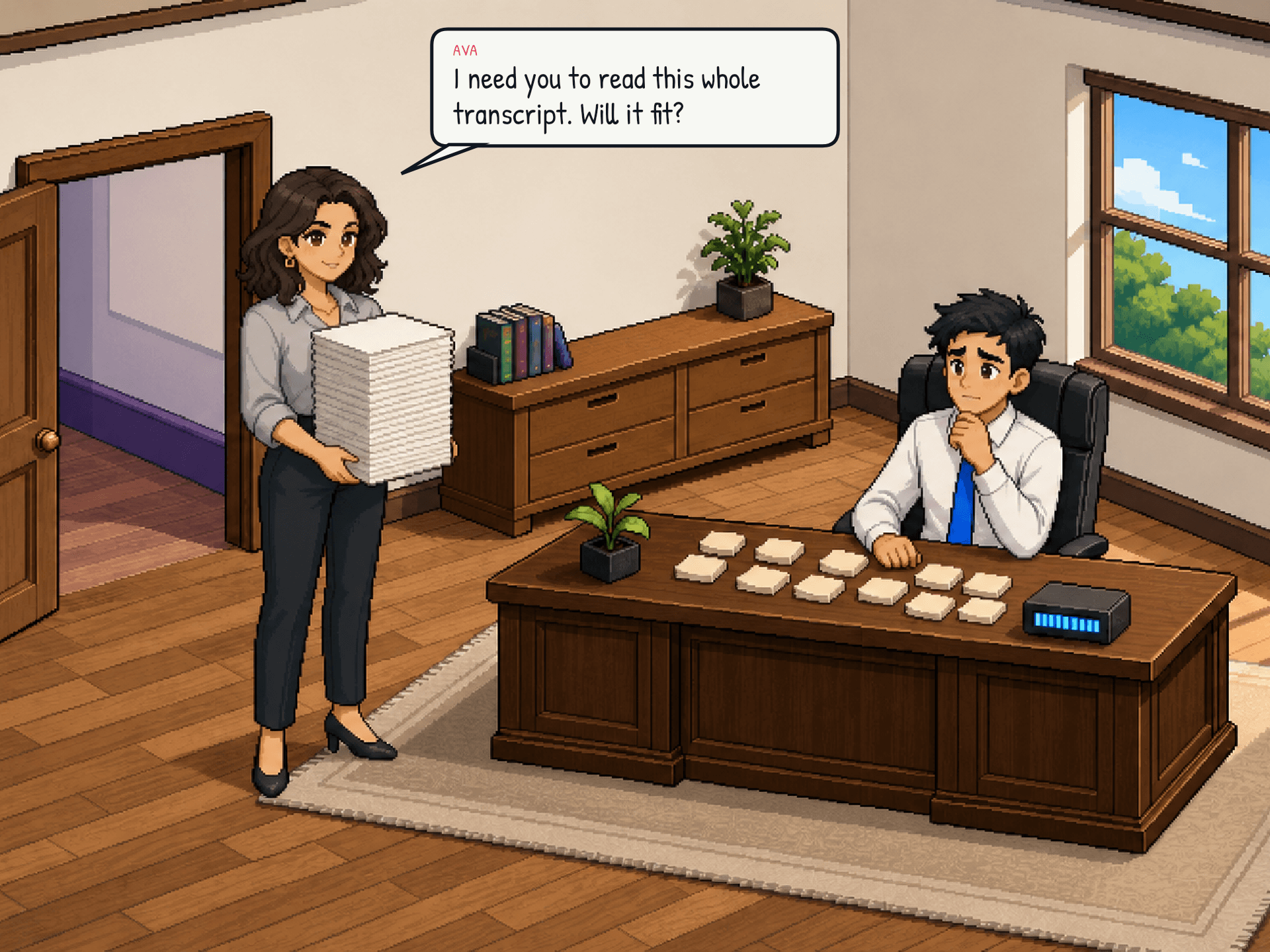 Ava holds up her stack of papers. It is a long meeting transcript. She looks at the desk, then at the papers, then back at the desk. The stack is visibly thicker than the remaining desk space. Emotional beat: the problem becomes concrete.