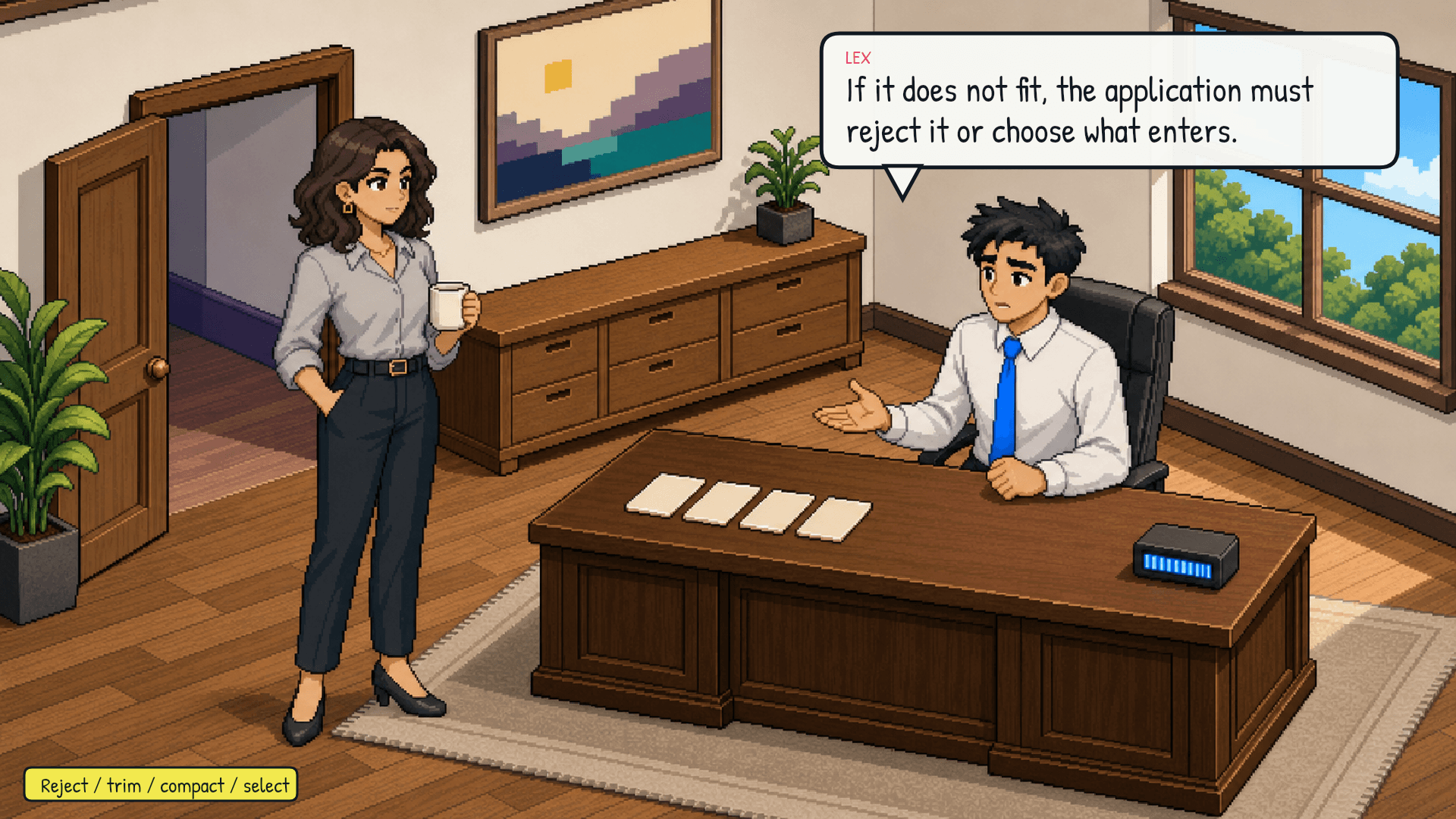 Lex looks at the stack, then at the desk meter. A small decision card beside the meter lists reject, trim, compact, and select. Emotional beat: the boundary is real, but handling it is an application decision.