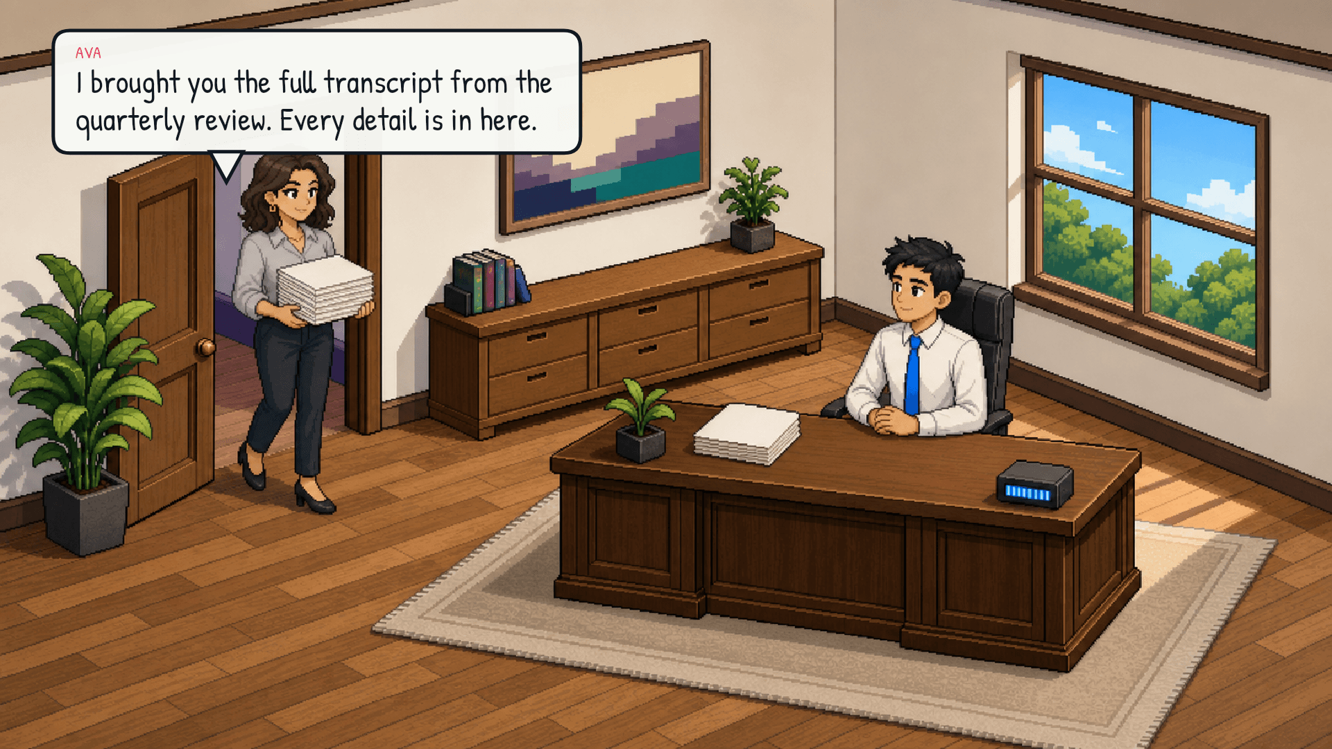 Ava walks in holding her coffee mug ("again?") and a thick stack of printed pages. Lex is at the desk with a moderate number of sticky notes. The desk meter reads healthy. The plant is green and upright. Emotional beat: confidence.