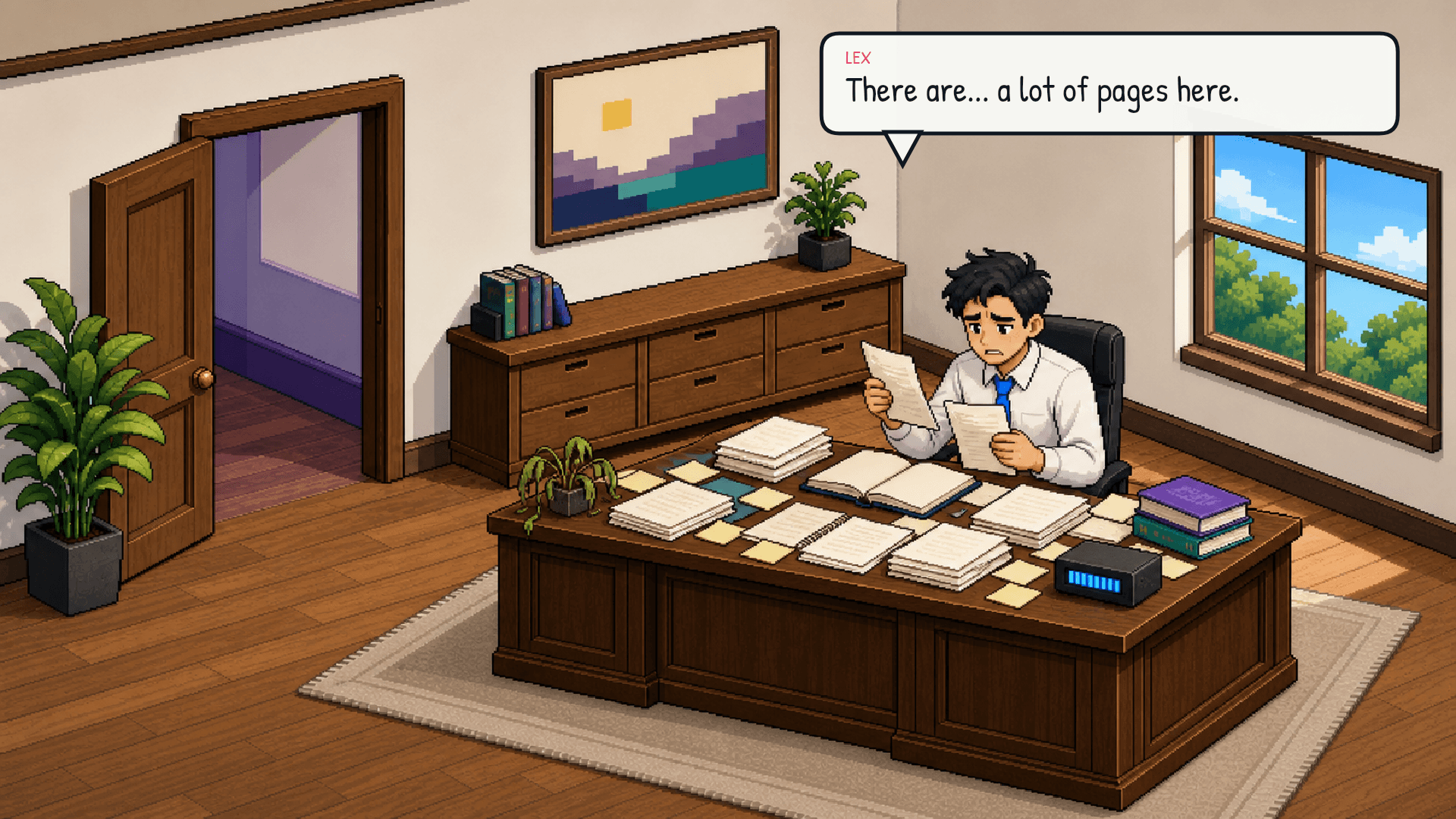 Lex stares at the crowded desk. Sticky notes are buried under transcript pages. The meter is high but still within its boundary. The plant has started to lean. Emotional beat: strain.
