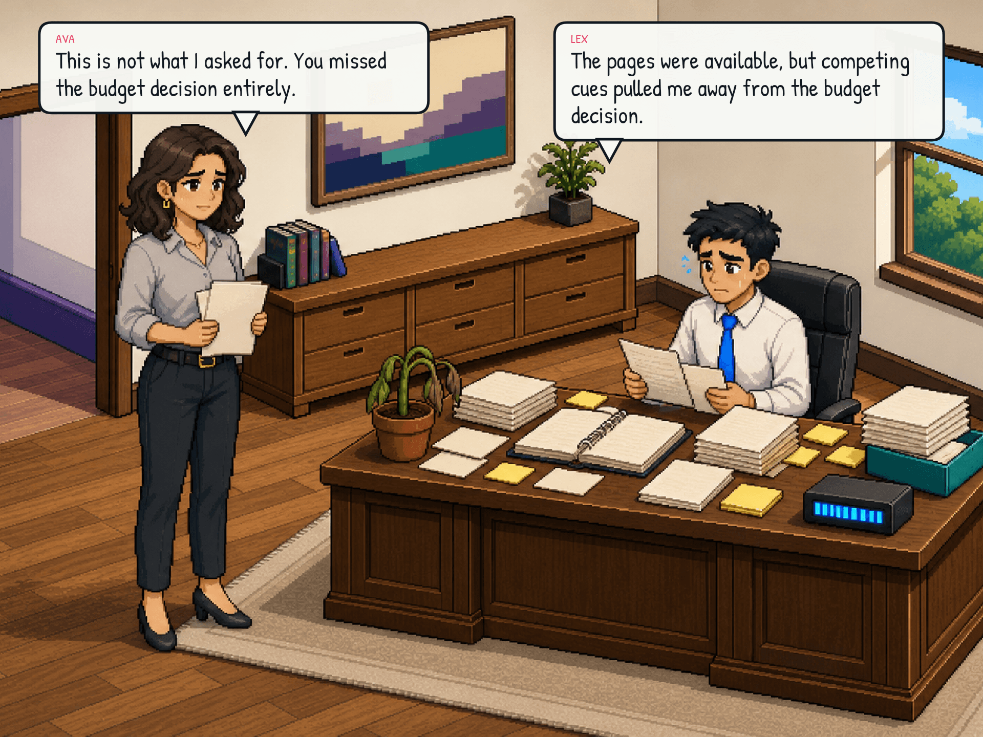Lex slides a response across the desk. It is vague and misses the main points. Ava reads it, frowning. The desk is still piled high. Emotional beat: disappointment.