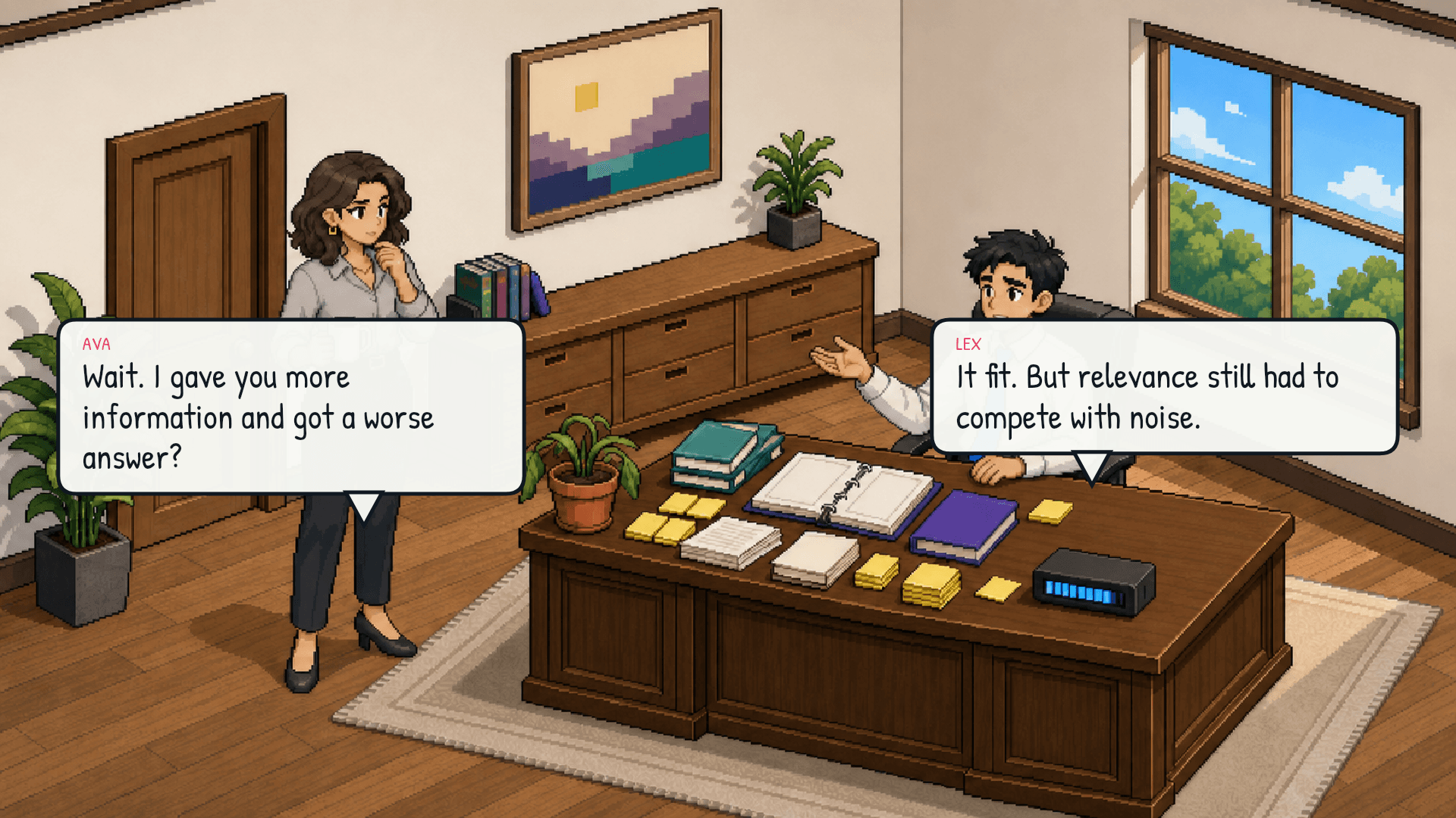 Wide shot of the desk buried under paper. Sticky notes are scattered everywhere like confetti, but all remain inside the desk boundary. Ava checks the still-within-limit meter. Emotional beat: realization.