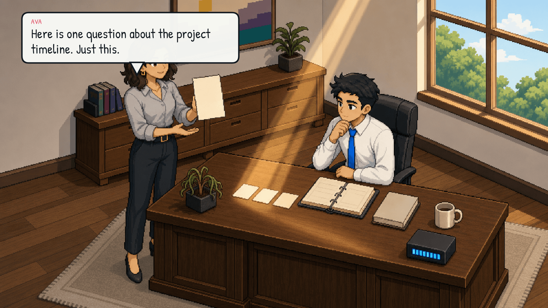 Ava places a short, focused question on a clean section of the desk. Several narrow blue beams connect the question to three current milestone cards. The desk meter remains within its limit. Lex reads with sharp focus. Emotional beat: clarity.