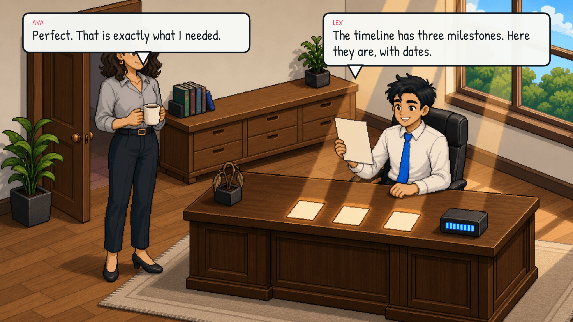 Lex slides back a crisp, accurate response. The strongest beams still connect the question to the current milestone cards. Ava nods, satisfied. Emotional beat: relief.