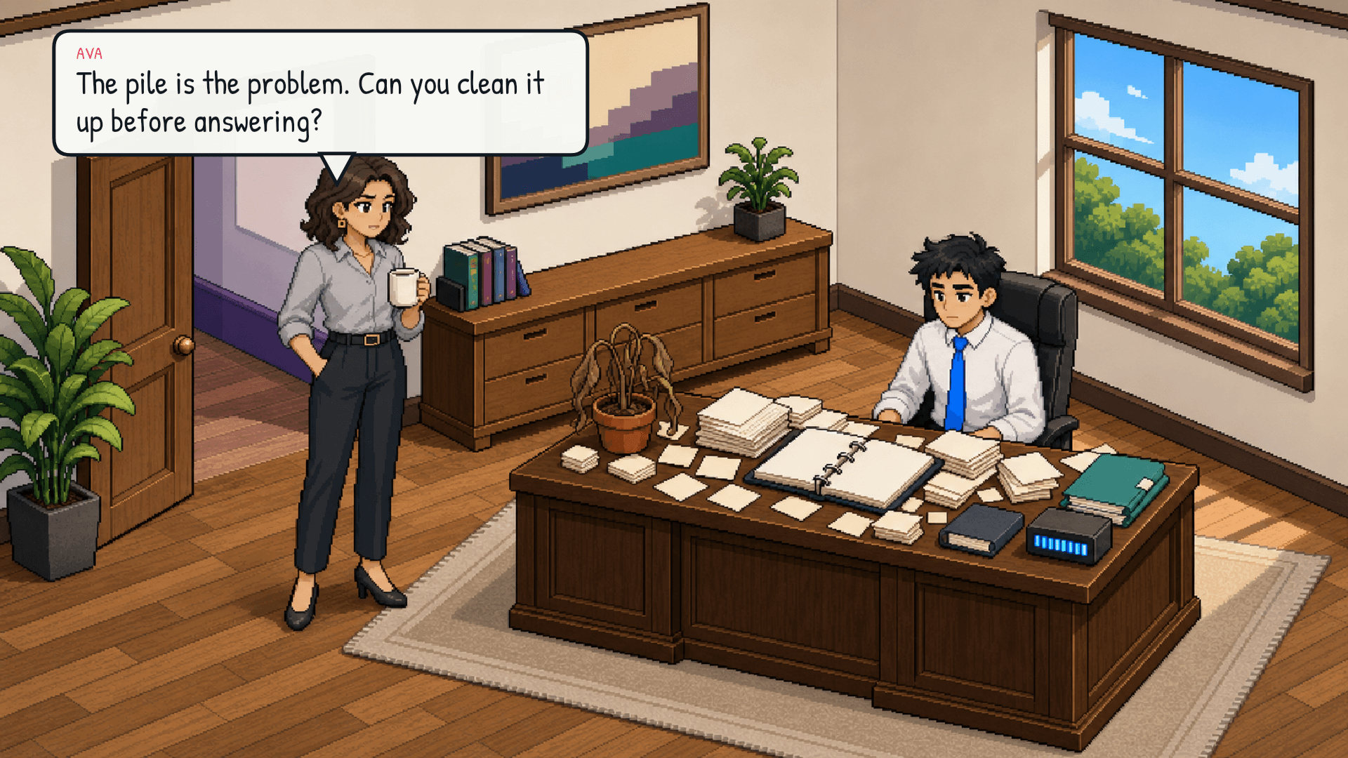 The desk is still crowded from the previous episodes. Its blue meter is high but within limit. Plant is stressed and leaning. Ava stares at the mess, arms crossed, coffee mug in hand. Emotional beat: frustration.