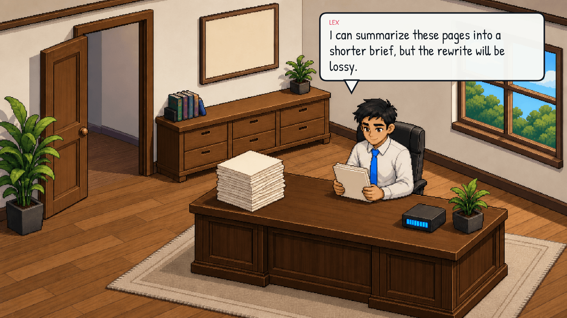 Lex picks up the tall stack and begins rewriting. He reads several pages, then writes a single condensed page. A small pile of discarded originals grows beside him. The desk meter begins ticking down. Emotional beat: effort.