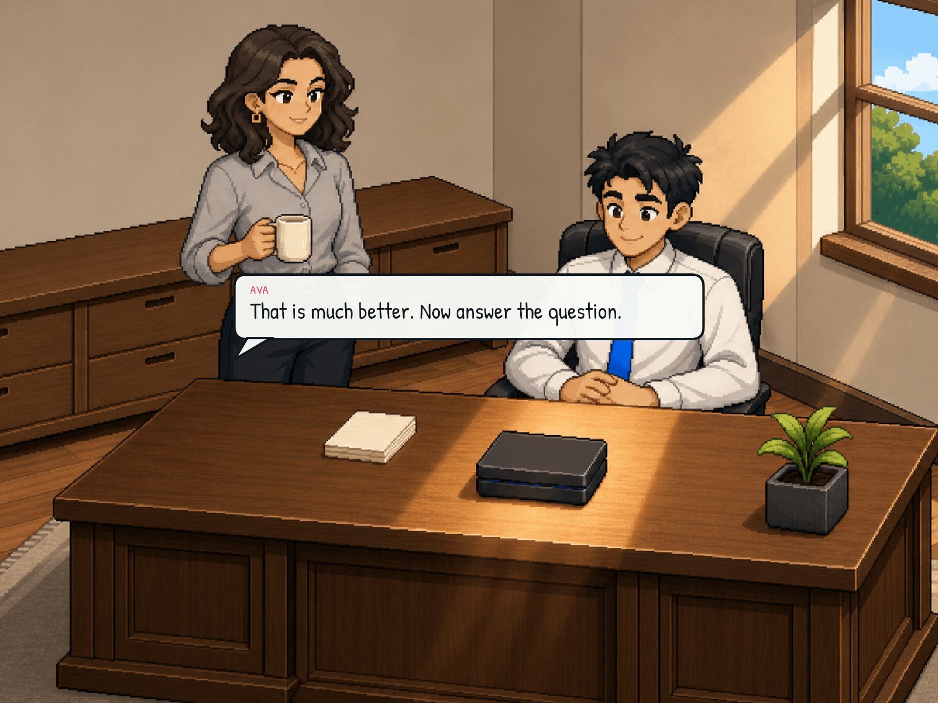 The desk is now tidy. A small stack of clean, condensed pages replaces the original pile. Sticky notes are neat. The meter is healthy and the plant returns to green. A few unequal beams connect the question to the brief. Emotional beat: relief, with a hidden cost.