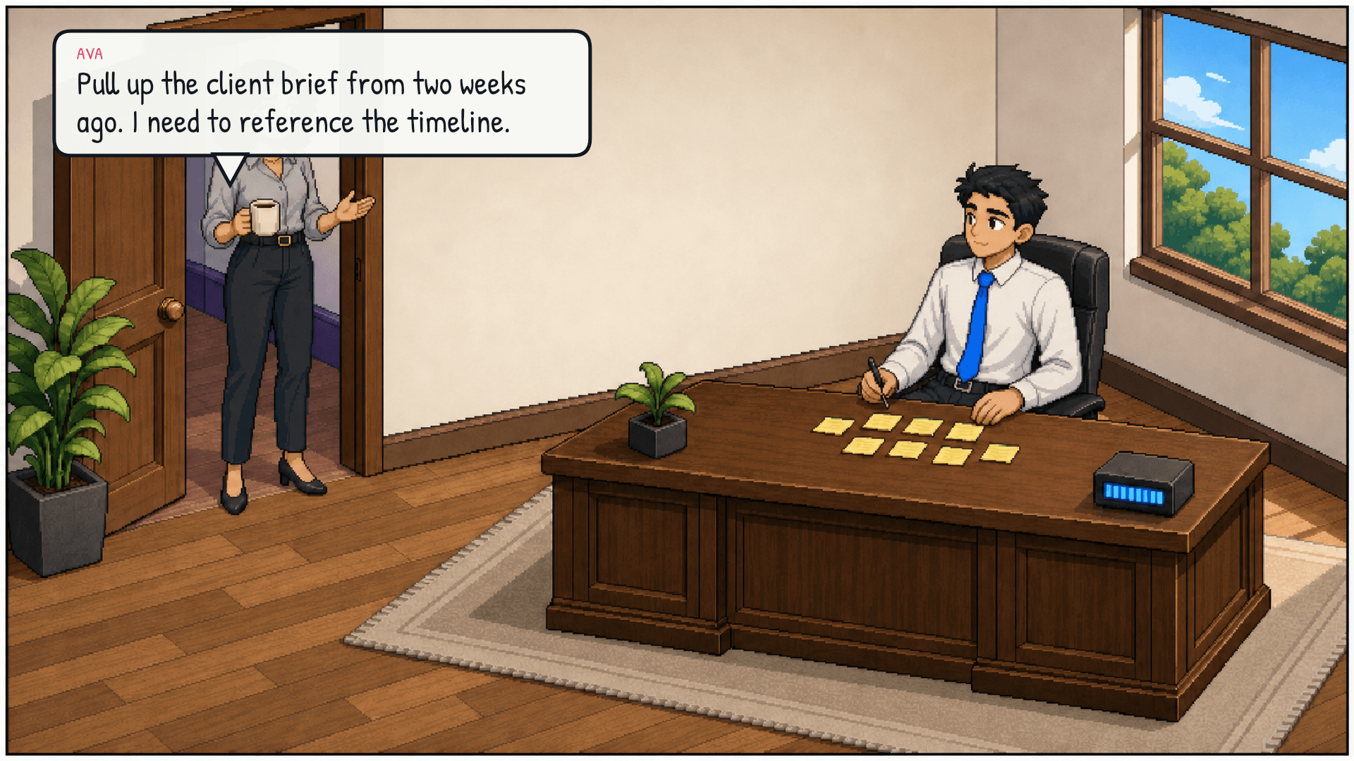 Ava walks into the office holding her coffee mug ("again?"). Lex is at the desk with a few sticky notes arranged neatly. The desk meter is in the moderate range. Ava looks confident, like she knows what she wants. Emotional beat: casual expectation.