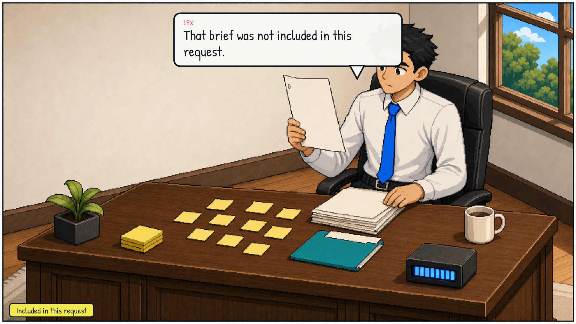 Lex checks the request manifest beside his desk. The old brief is not among the assembled materials. Emotional beat: a precise gap, not universal amnesia.