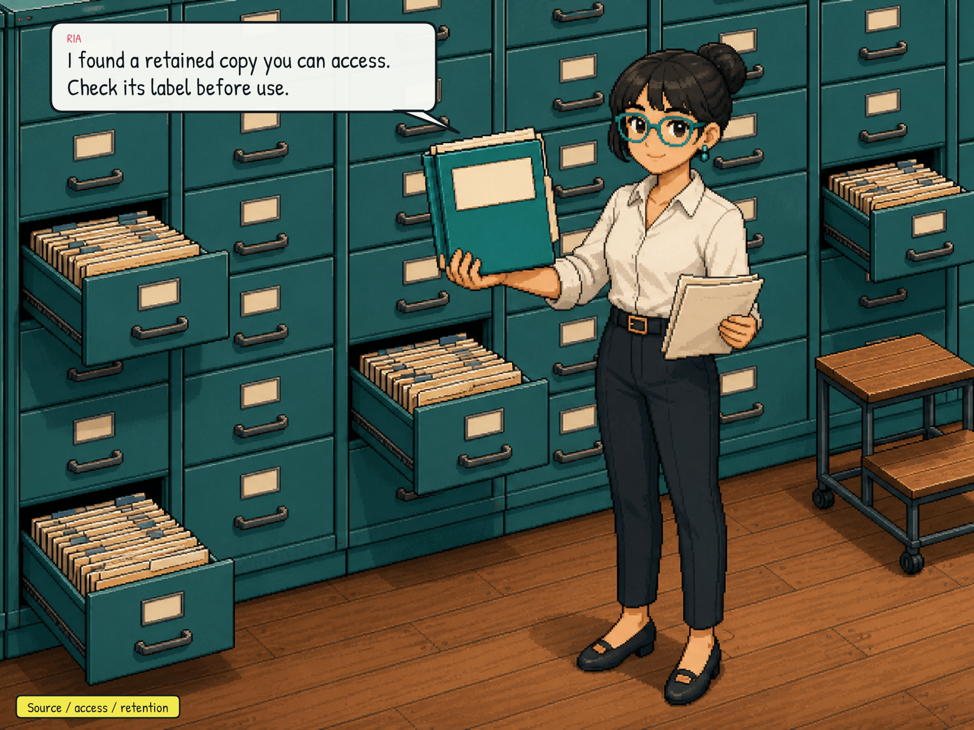 The scene cuts to the separate archive wall in full. Standing beside it is Ria, adjusting her Archive Teal glasses. She has been there the whole time, quietly organizing folders. She looks up calmly. This is the first time the reader sees her. Emotional beat: surprise, relief.