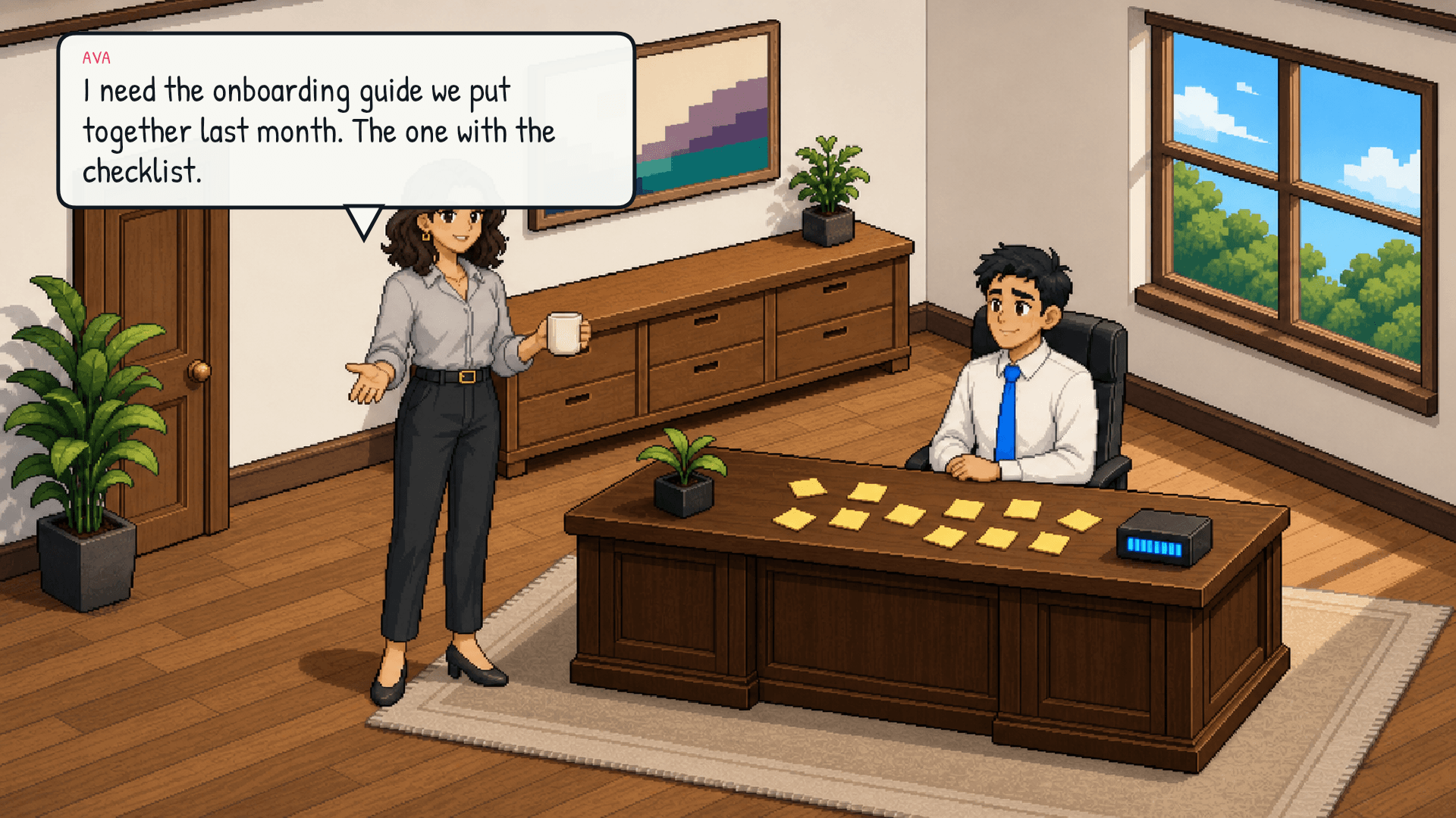 Ava is at the desk with Lex. She sends a specific request toward the archive. Ria remains off-panel in her own zone. Emotional beat: purposeful, direct.