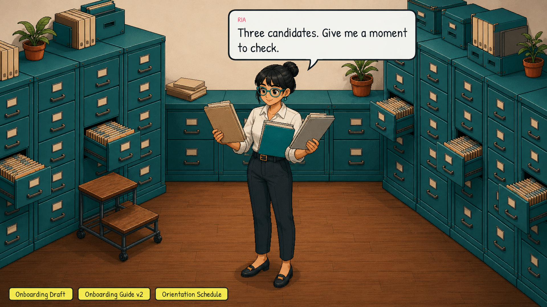 Ria turns to the archive wall and scans the shelves. She pulls out three folders, each a different color. She holds them fanned out, examining the labels. The archive wall behind her shows rows of similar-looking folders. Emotional beat: careful precision.