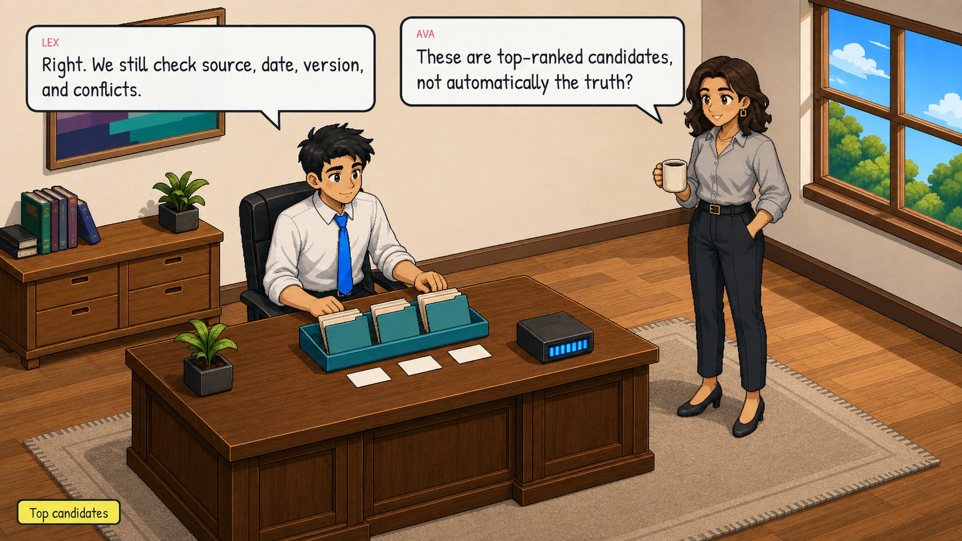 At the desk, Lex and Ava review the delivered candidate set. Ria remains in the archive. Ava validates Guide v2 by its current/source labels before Lex uses it. Emotional beat: satisfaction with healthy skepticism.