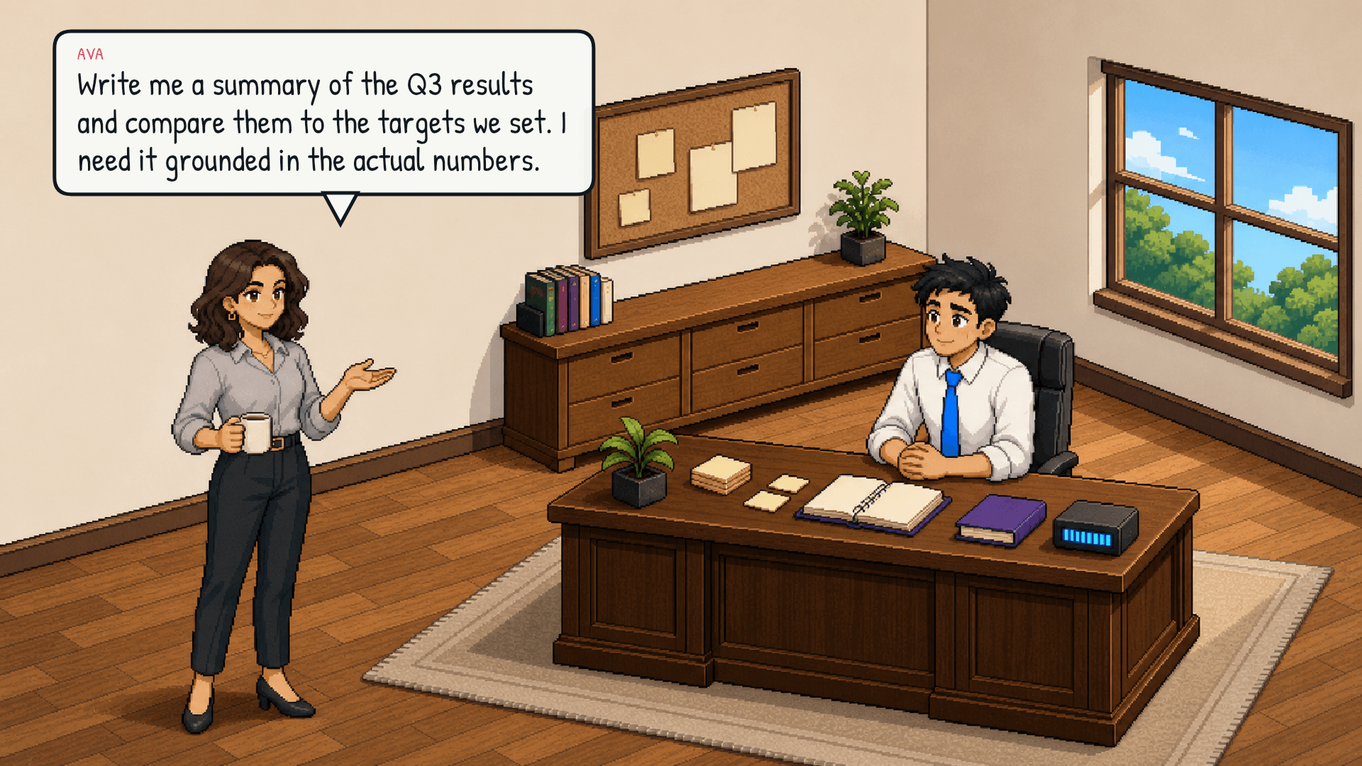 Ava is at the desk with Lex. She has her coffee mug ("again?") and a serious expression. The desk has a few sticky notes from the current conversation but no reference documents. Lex looks ready to work but has nothing to reference. Emotional beat: a task that needs more than what is on the desk.