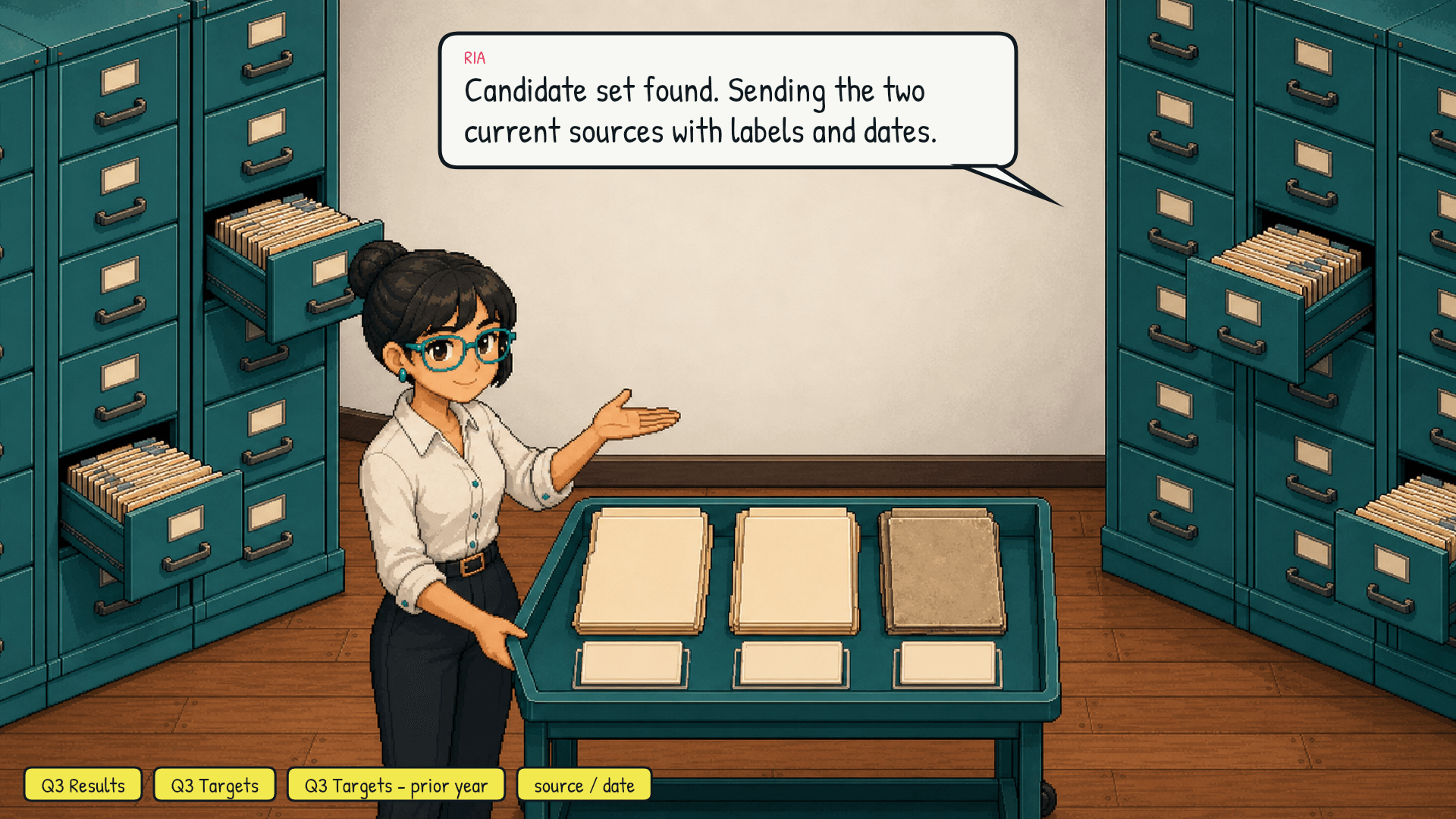 Ria stays at the archive wall and reviews an authorized candidate set: "Q3 Results," "Q3 Targets," and a dimmed "Q3 Targets , prior year." She selects the two current records, attaches source and date labels, and sends them through a retrieval tray. Multiple curved orange arrows trace the route toward the desk. Emotional beat: retrieval is selection, not certainty.