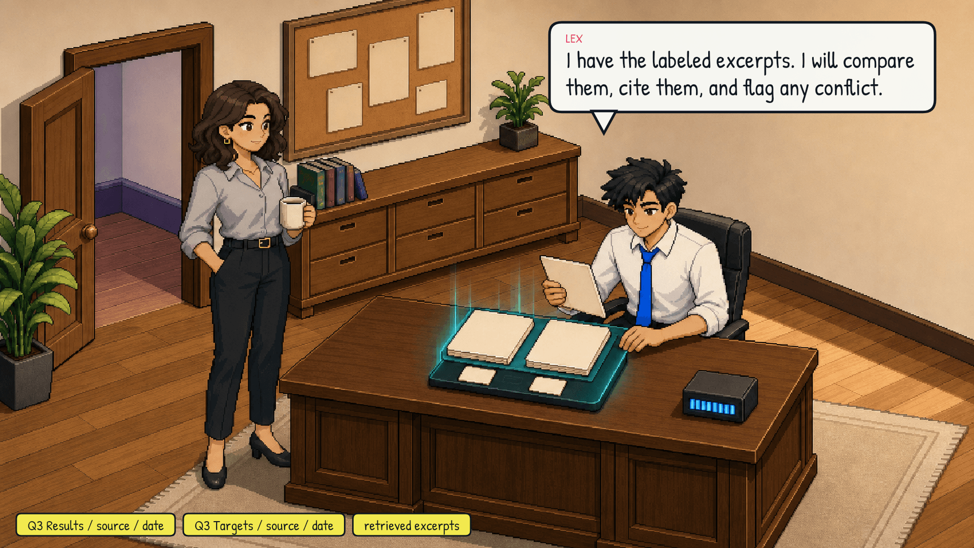 Back at the desk, Lex and Ava receive the labeled excerpts through the retrieval tray. Ria remains in the archive. Lex now has the question, two source cards, and their excerpts in the current request. The desk meter stays moderate. Emotional beat: evidence is available, with provenance intact.