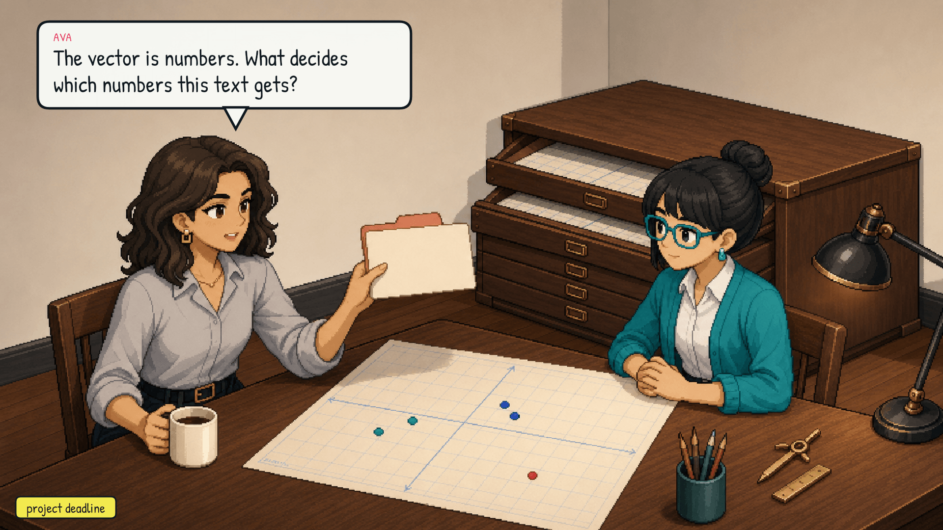 Ava hands Ria a short text card while the coordinate grid remains empty.