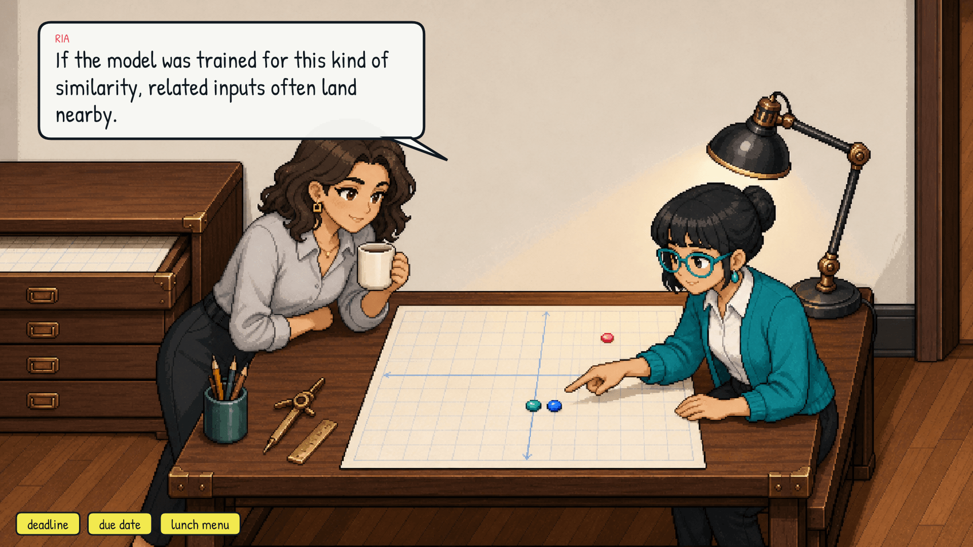 Two paraphrase cards land near each other in the projection while an unrelated card lands farther away.