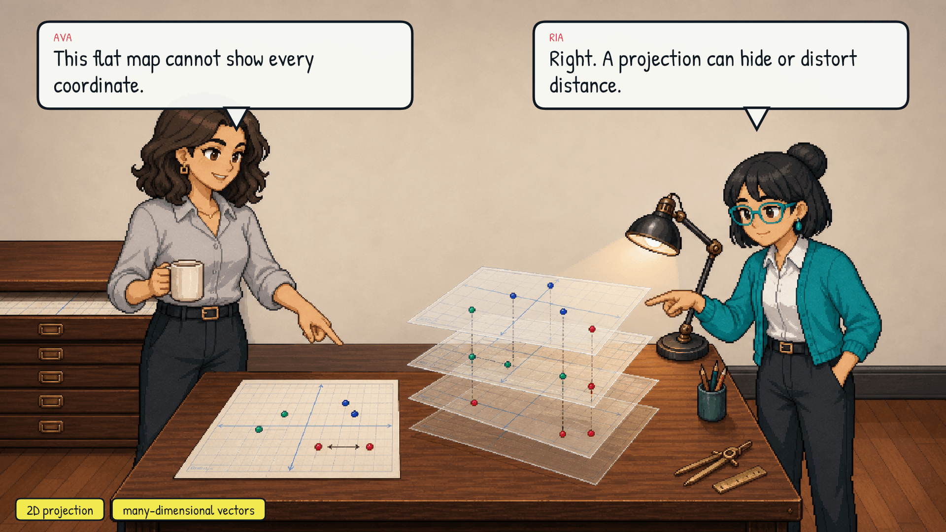 Ava tilts the flat map upright like a projection sheet. Hidden dimensions are suggested by stacked translucent grids.