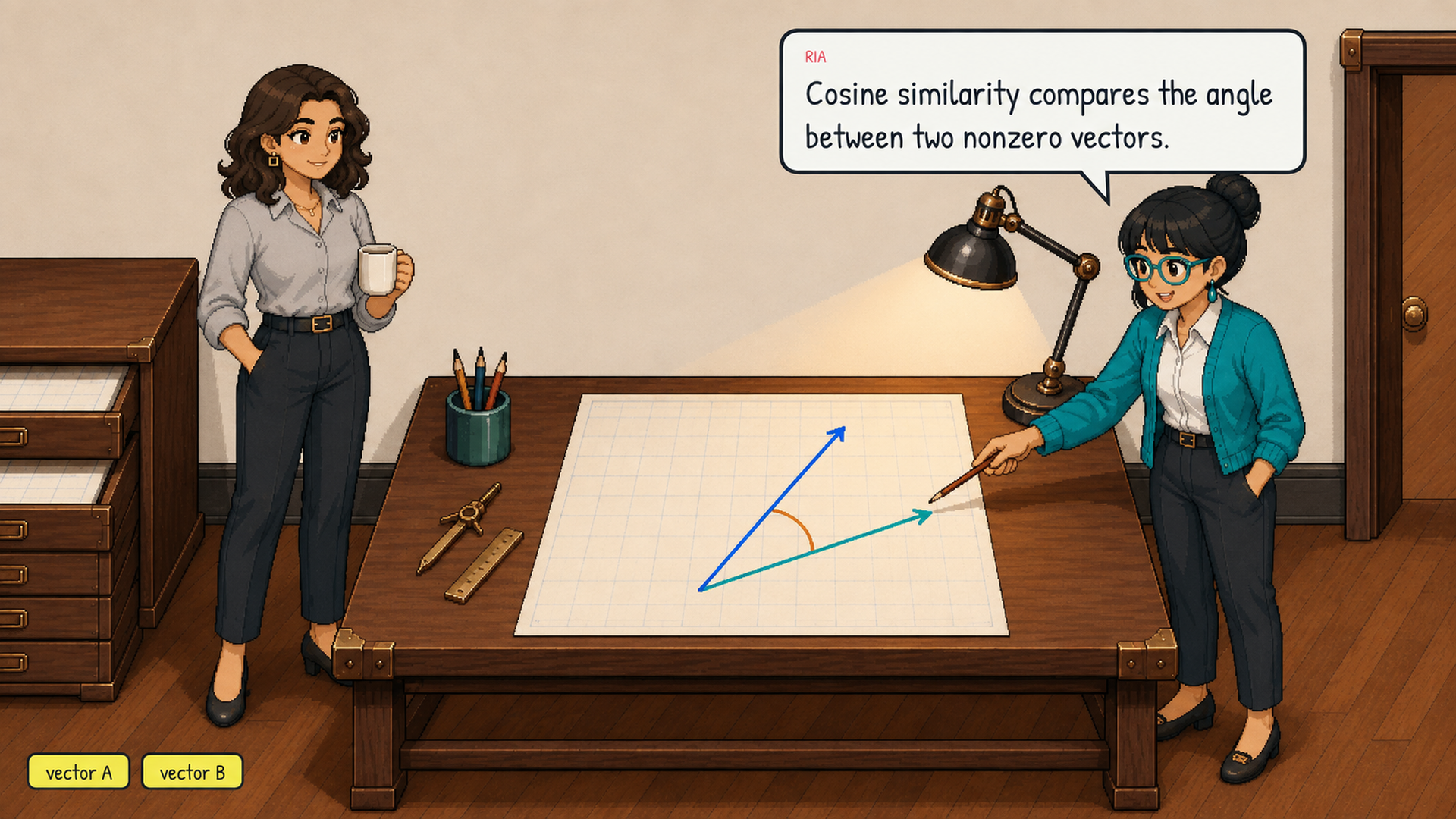 Two vectors extend from the same origin on the map-drawer grid.