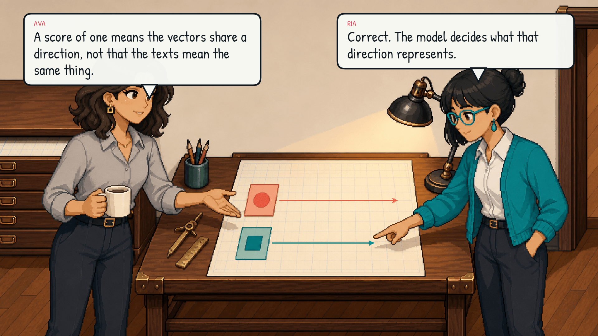Ava places two different text cards beside aligned arrows and circles the distinction.