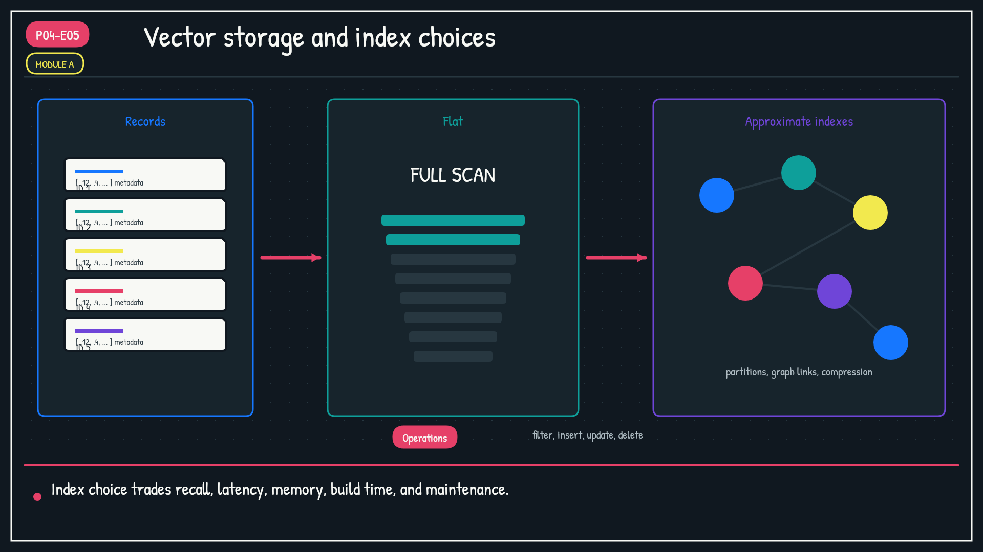 Vector storage and index choices. Show a shared record layer feeding four search mechanisms: flat exact search, a partition index, a navigable graph index, and compressed codes.