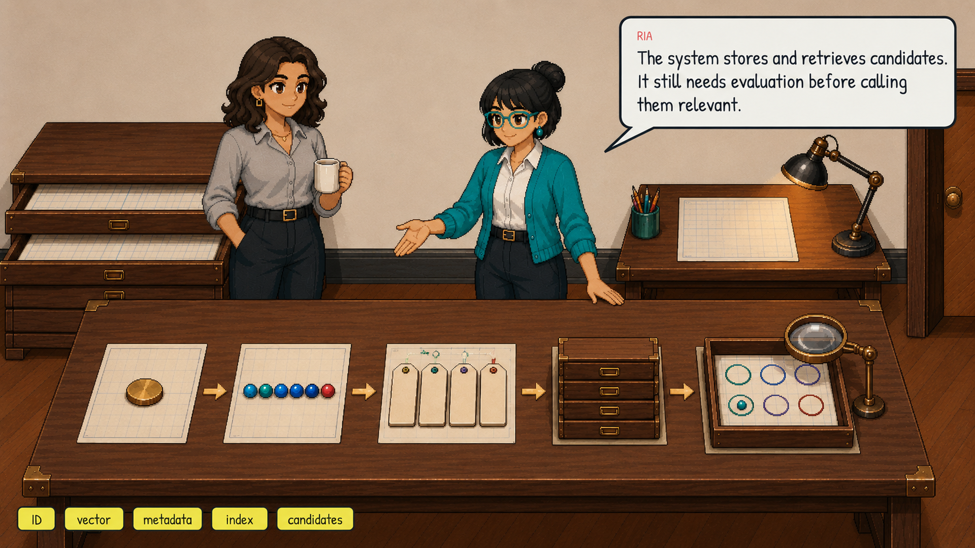 A complete record card shows ID, vector, metadata, and index pointer, then flows to a candidate tray.