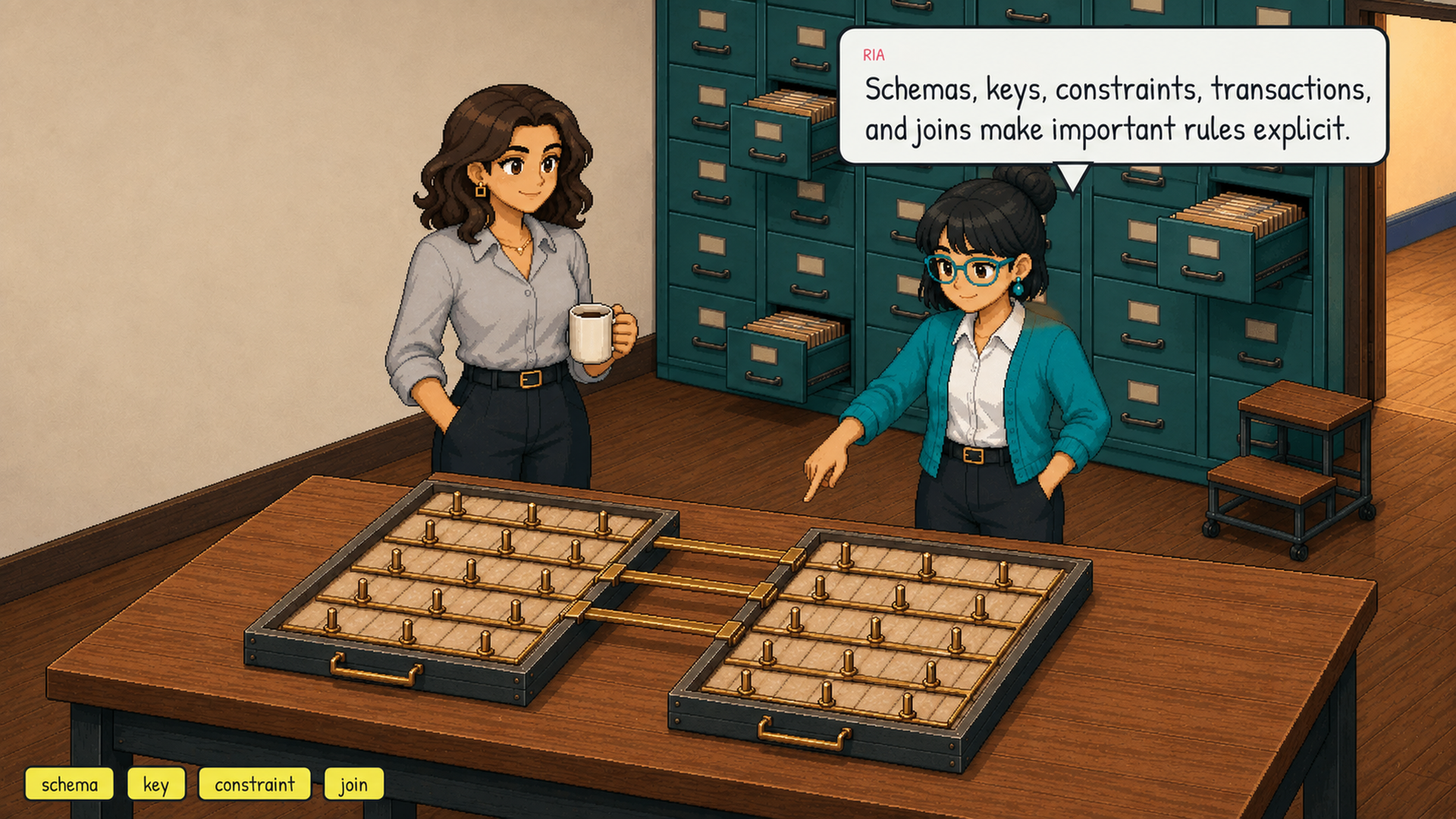 Ria adds key, constraint, and join cards to the relational drawer.