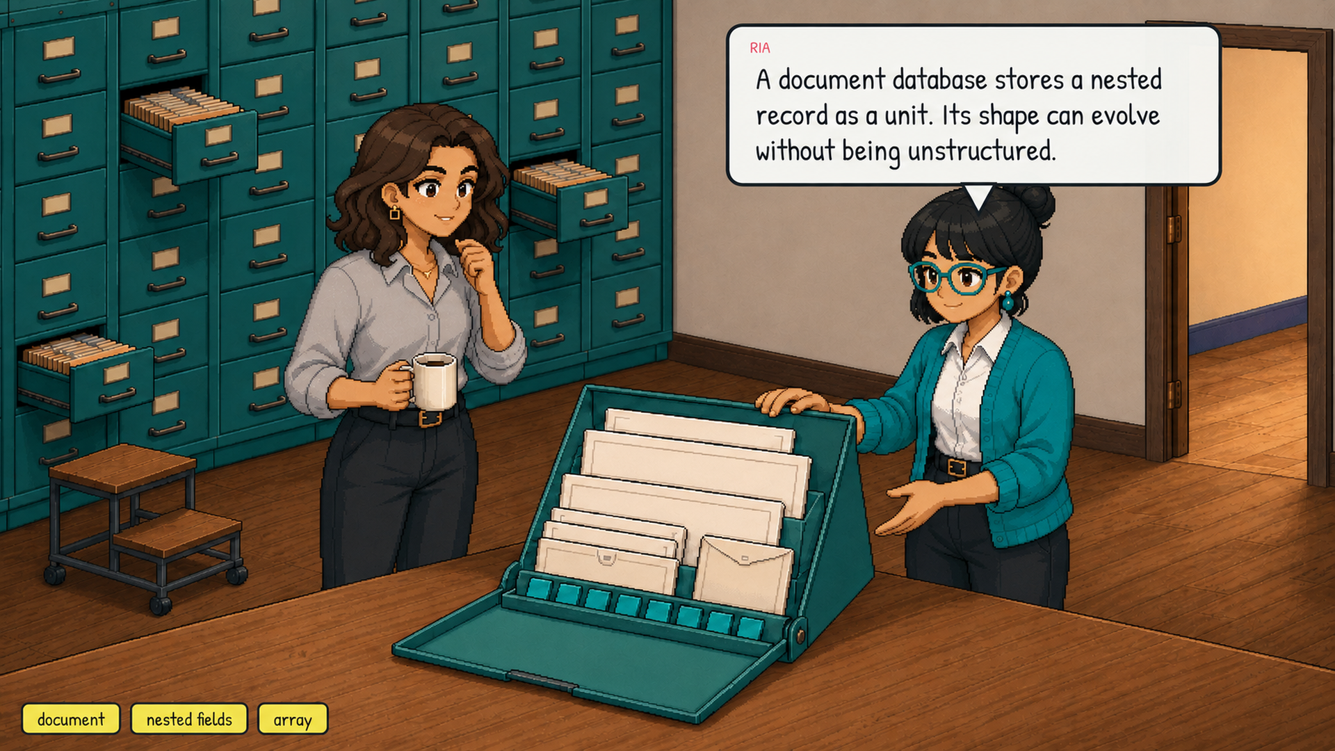 A nested document record opens to show an address object and a list of projects.
