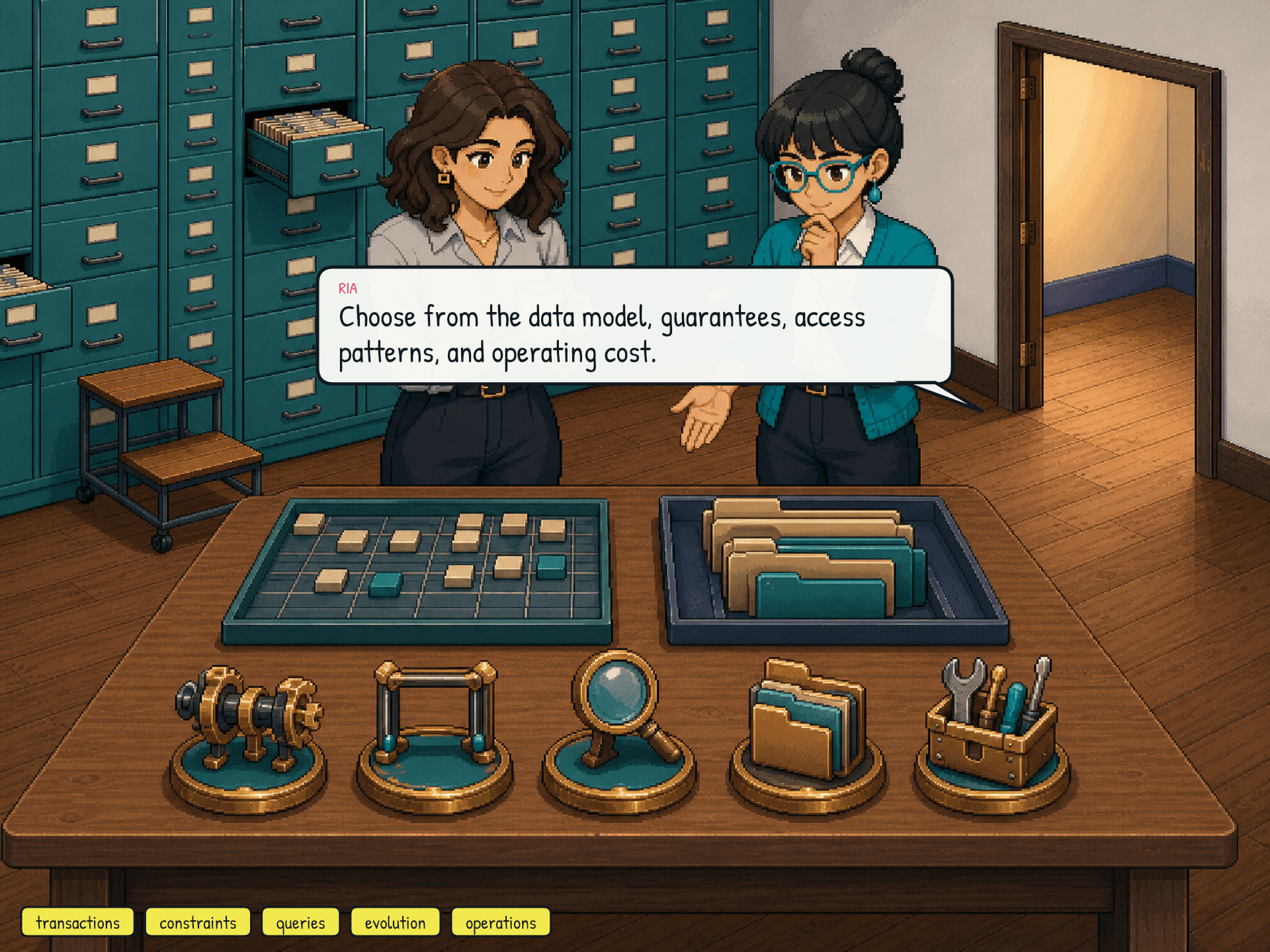 A decision sheet compares transactions, constraints, nesting, query shape, and change rate without a winner badge.